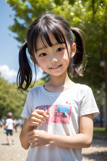 AI画像生成。小学生の少女が公園でツインテールの髪型と白いTシャツが特徴のグラビア写真