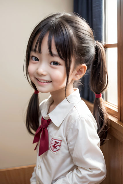 ジュニアアイドル写真。小学生の女の子が窓辺で微笑む。白いシャツに赤いリボンをつけ、恥ずかしそうにこちらを見つめている。