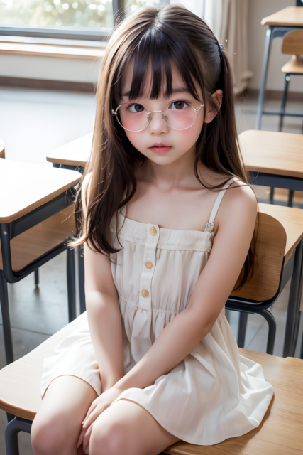 AI画像生成の小学生の少女。メガネをかけて、ワンピースを着て、教室で座っているグラビア写真