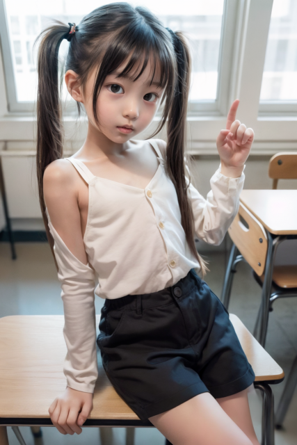 AI画像生成の美少女小学生が教室で指を立てて話すシーン。白いトップスに黒のショートパンツ姿の元気な小学生のイメージ画像