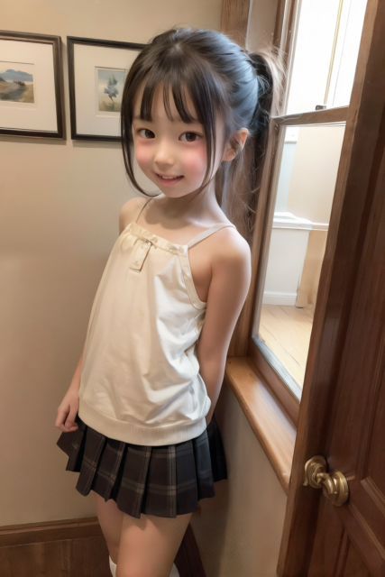 AI画像生成。小学生の少女が、室内でチェック柄のスカートと白いトップスを着て微笑む姿のグラビア写真