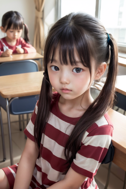 AI画像生成。教室で座っている小学生の女の子。赤と白のボーダー柄の服を着ている