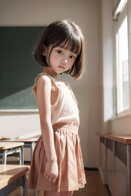 AI画像生成。教室の窓辺に立つ小学生の少女、ベージュのスカートを着た女の子のグラビア写真