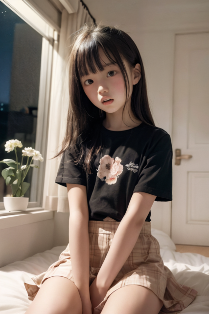 AI画像生成。黒いTシャツを着た小学生の少女がベッドで驚いた表情を見せるグラビア写真