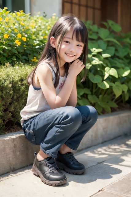 AI画像生成。小学生の少女が花壇の前で座りながら笑顔を見せるグラビア写真