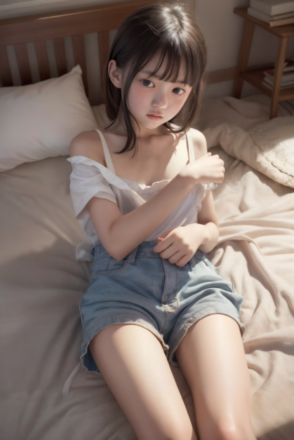 AI画像生成の美少女小学生が部屋で座っている。白いブラウスとデニム姿の少女のグラビア写真