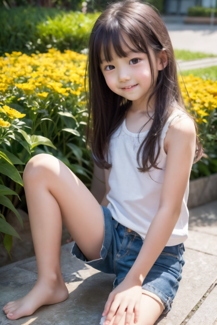 AI画像生成の美少女小学生。公園の花壇で白いタンクトップとデニムを着た女の子が、座って微笑んでいるシーンのグラビア写真