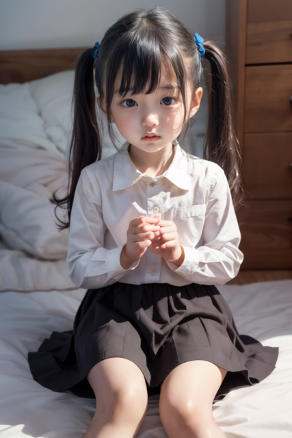 AIが作成した小学生の制服姿の少女が部屋で落ち込んでいる表情の画像