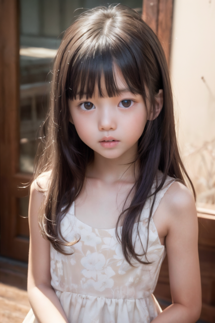 Jr.アイドルのAI写真。小学生の女の子がフリル付きワンピースを着て、家の窓辺に立っている。