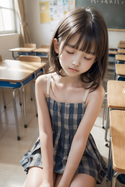 AI画像生成の美少女小学生が教室で休憩中、チェック柄のワンピース姿で座り込む少女のグラビア写真