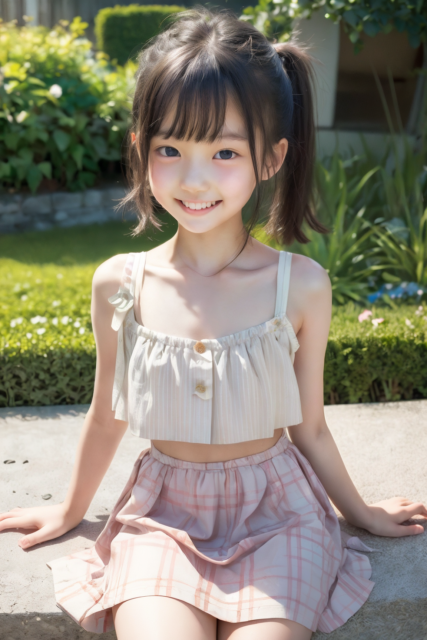 AI画像生成の美少女小学生、庭で夏服を着て笑顔で座る姿が可愛らしい少女のグラビア写真