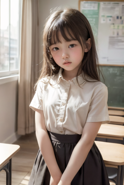 AI画像生成。教室にいる小学生の少女が制服姿で心配そうな顔をしているグラビア写真