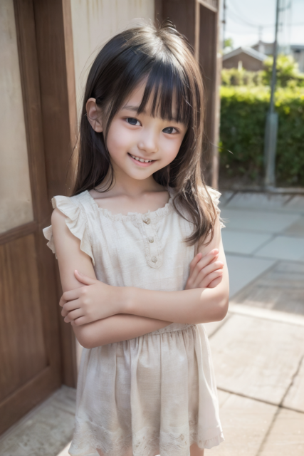 AI画像生成。小学生の少女が白いワンピースを着て、腕を組みながら笑顔を見せるグラビア写真