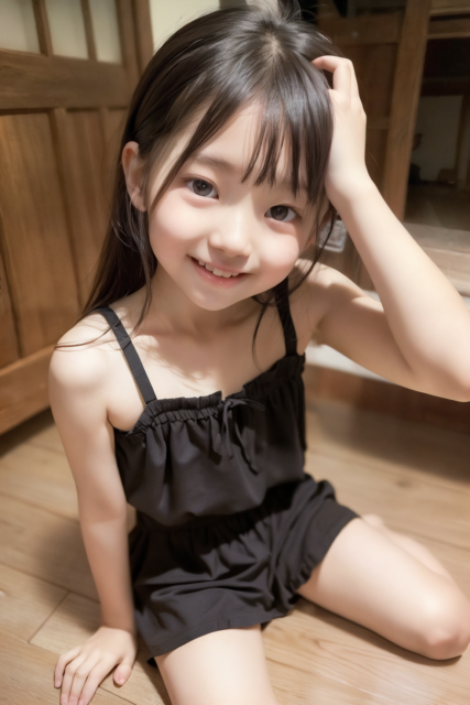 AI画像生成の美少女小学生が室内で黒い服を着て、微笑みながら座っている姿のグラビア写真