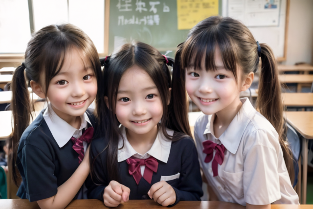 AI画像生成。制服姿の小学生の少女たちが教室で笑顔を見せるグラビア写真