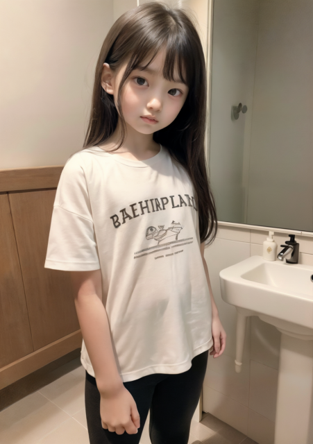 AI画像生成。小学生の少女が白いTシャツを着て洗面所で鏡の前に立っているグラビア写真