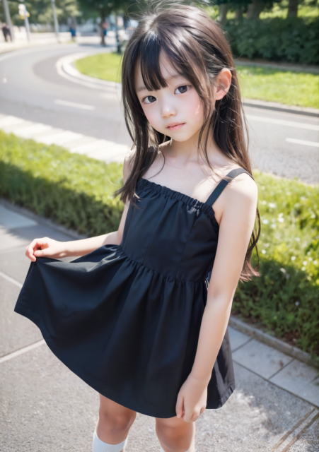 AI画像生成。小学生の少女が黒いワンピースを着て、道路に立っているグラビア写真