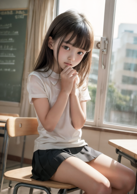 AI生成の少女画像。教室の窓際に座り、不安そうにする小学生の少女。白いブラウスと黒いスカートを着て、困っている様子。