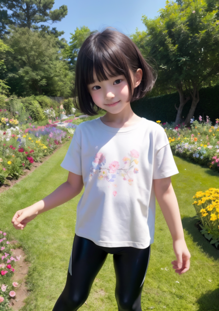 AIで作成された小学生の少女、夏の学校の裏庭で花を楽しむ姿