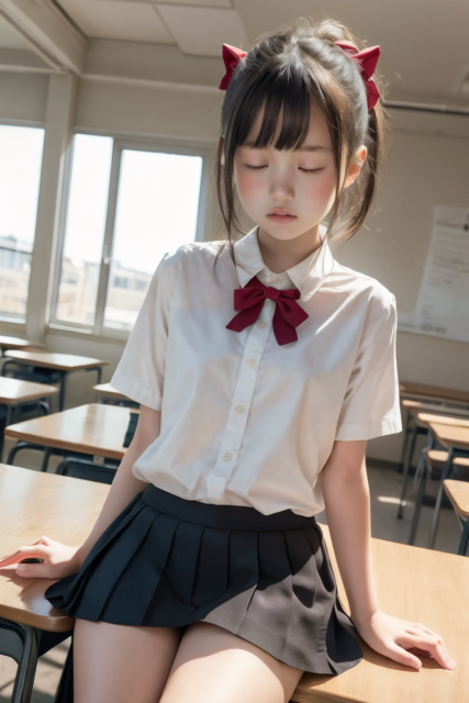 AI画像生成の美少女小学生が教室で制服姿、赤いリボンをつけた髪型で机に座る少女のグラビア写真。