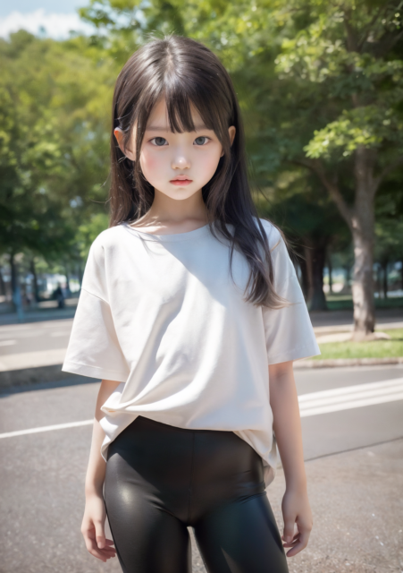 AIが生成した小学生の少女。白いTシャツと黒いスパッツを着て、公園でランニング中。