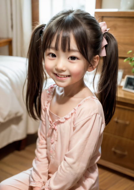 AI画像作成。ピンクのパジャマを着た小学生の少女が、朝の室内で微笑んでいるグラビア写真