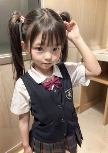 AI画像生成。小学生の少女が教室で制服姿で立っている。ツインテールが特徴的なグラビア写真