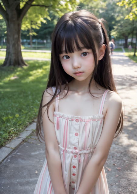 かわいい女子小学生の画像。白とピンクのワンピースを着て公園を歩いている