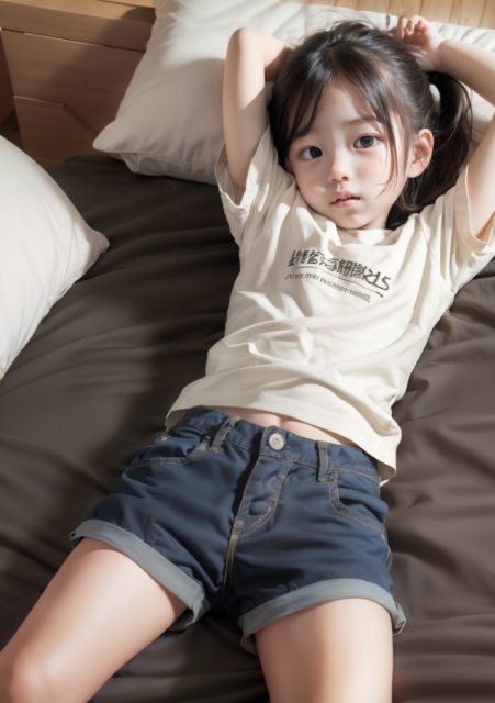 AI画像生成。小学生の少女がベッドでリラックス。Tシャツとショートパンツ姿で、退屈そうに天井を見上げている様子のグラビア写真