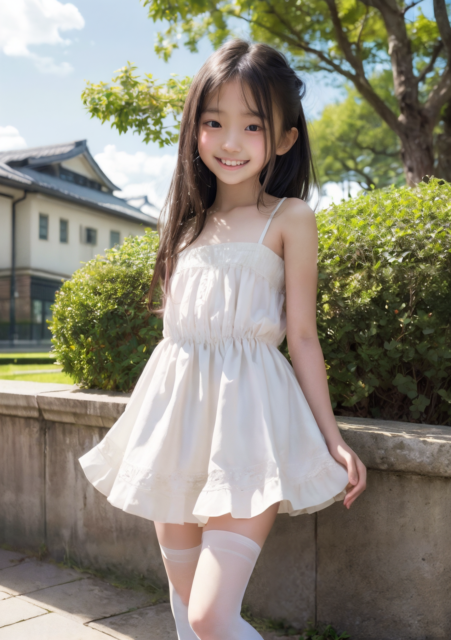 AI画像生成。小学生の少女が白いドレスを着て笑顔で庭園に立つグラビア写真