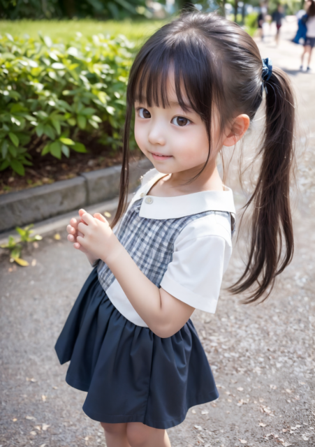 AI画像生成。ツインテールの女の子が笑顔で公園で立っている姿のグラビア写真