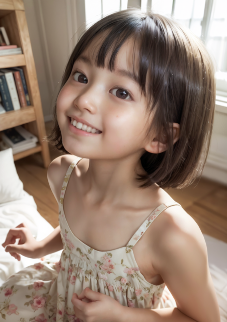 小学生の女の子が花柄のワンピースを着て室内で微笑むグラビア写真