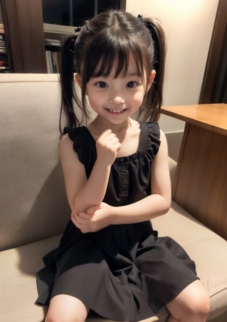 Jr.アイドル の小学生が黒いワンピースを着てソファーに座って微笑む姿