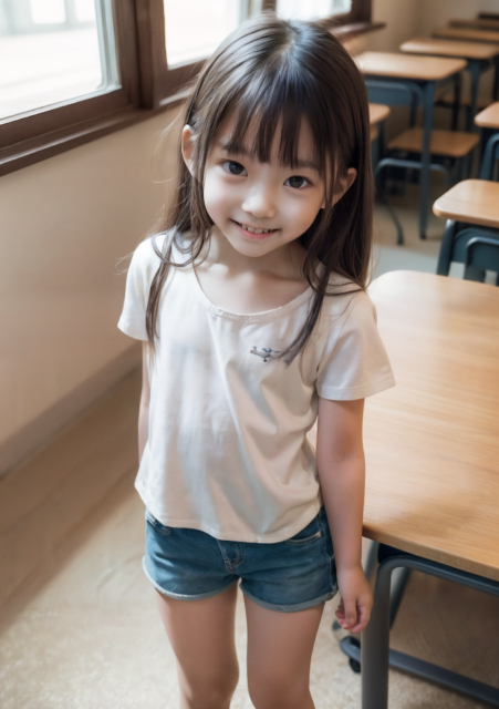 AI生成の少女画像。小学校の教室で微笑む7歳の少女。白いTシャツとデニムのショートパンツを着ており、明るい笑顔が印象的。