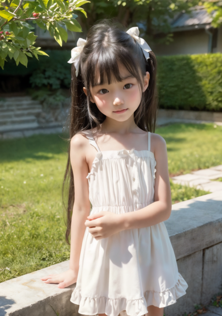 AIで生成された小学生の少女、白いワンピースを着て夏の公園で微笑む