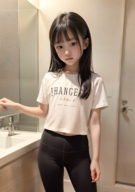 stable diffusion で生成したリアルな美少女。白いTシャツと黒いレギンス姿の小学生。