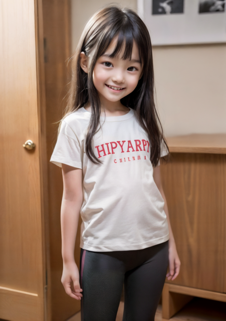 AI美少女小学生が白いTシャツと黒いレギンスをはいて、自宅の玄関に立っているグラビア写真