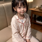 AIで作成された小学生の少女、可愛いパジャマ姿でソファーに座っている