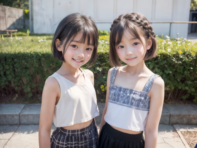 AIで作成した小学生の少女2人。夏の服装で公園で会話している。