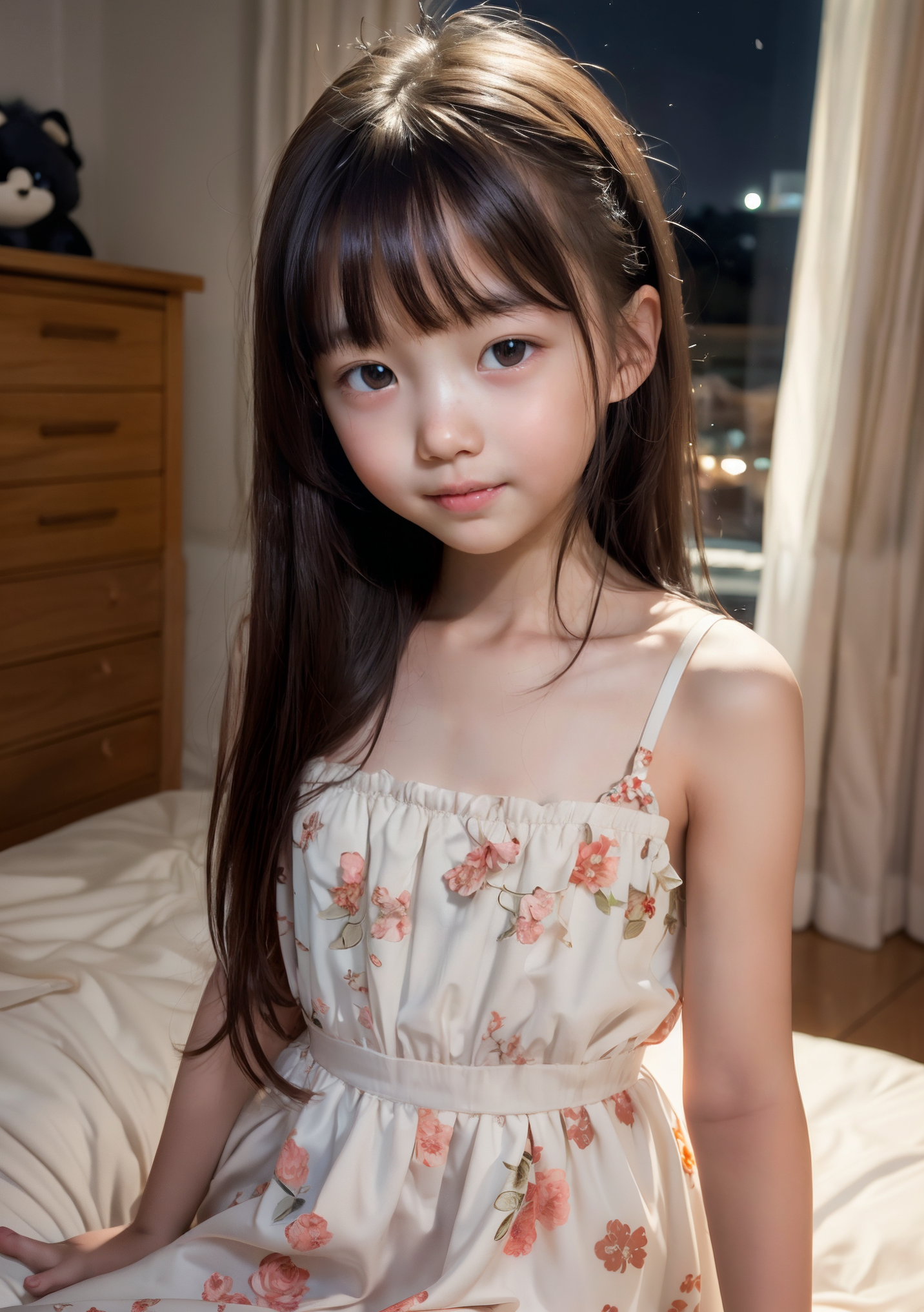 AIが生成した、小学生風の花柄ワンピース姿の少女。室内で座っている。