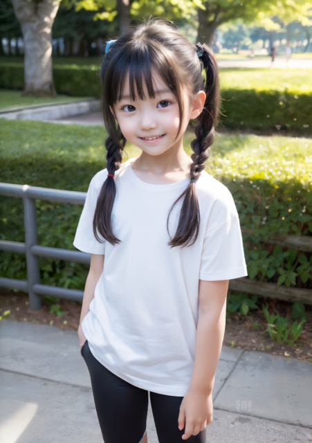 AI生成の少女画像。公園で笑顔の女の子が白いTシャツを着ている。