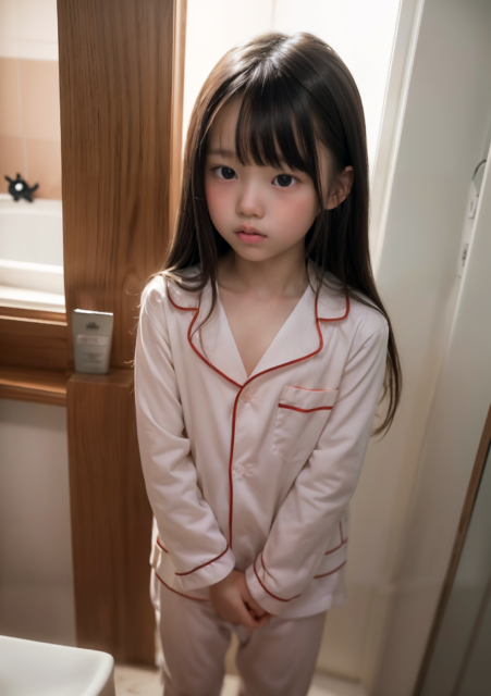 AI画像生成。パジャマ姿の小学生の少女、トイレ前で待つ、可愛らしい表情のグラビア写真