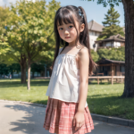 AI小学生女子。自然公園で赤いチェックのスカートを着た小学生の女の子が驚いた表情。