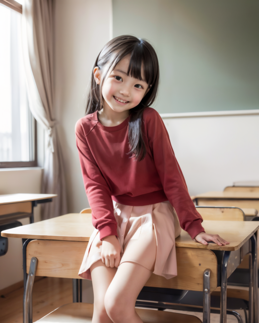 AI女子小学生の画像。赤いトップスとピンクのスカートを着た女の子が教室の机に座って笑顔を見せている様子。