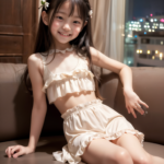 Jrアイドル小学生のAI画像。夜景の綺麗なホテルのソファに座り、かわいい衣装を着た少女が笑顔でポーズを取っている様子。