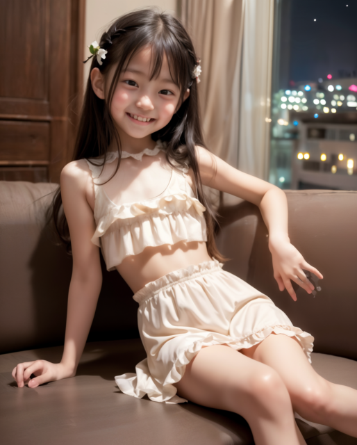 Jrアイドル小学生のAI画像。夜景の綺麗なホテルのソファに座り、かわいい衣装を着た少女が笑顔でポーズを取っている様子。