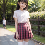 AI生成の女の子の画像。笑顔の少女が白Tシャツと赤いチェックのスカート姿で公園の小道を歩く。