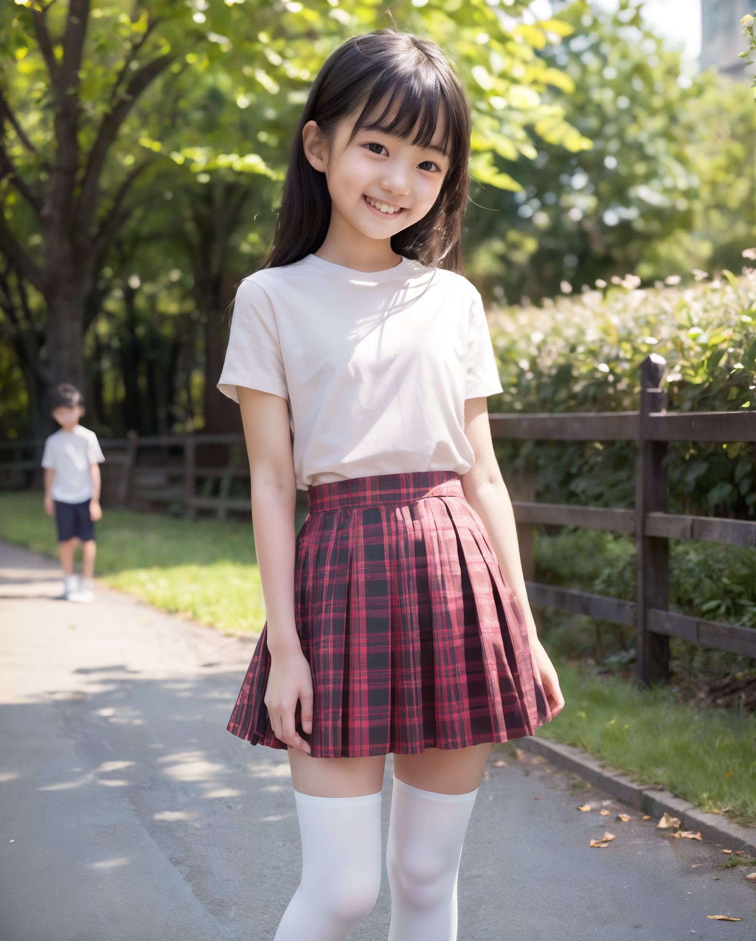 AI生成の女の子の画像。笑顔の少女が白Tシャツと赤いチェックのスカート姿で公園の小道を歩く。