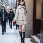 AI美少女小学生の画像。雪が降る街並みを早足で歩く小学生の少女。白いダウンコートを着て、膝丈ソックスとブーツを履いている。