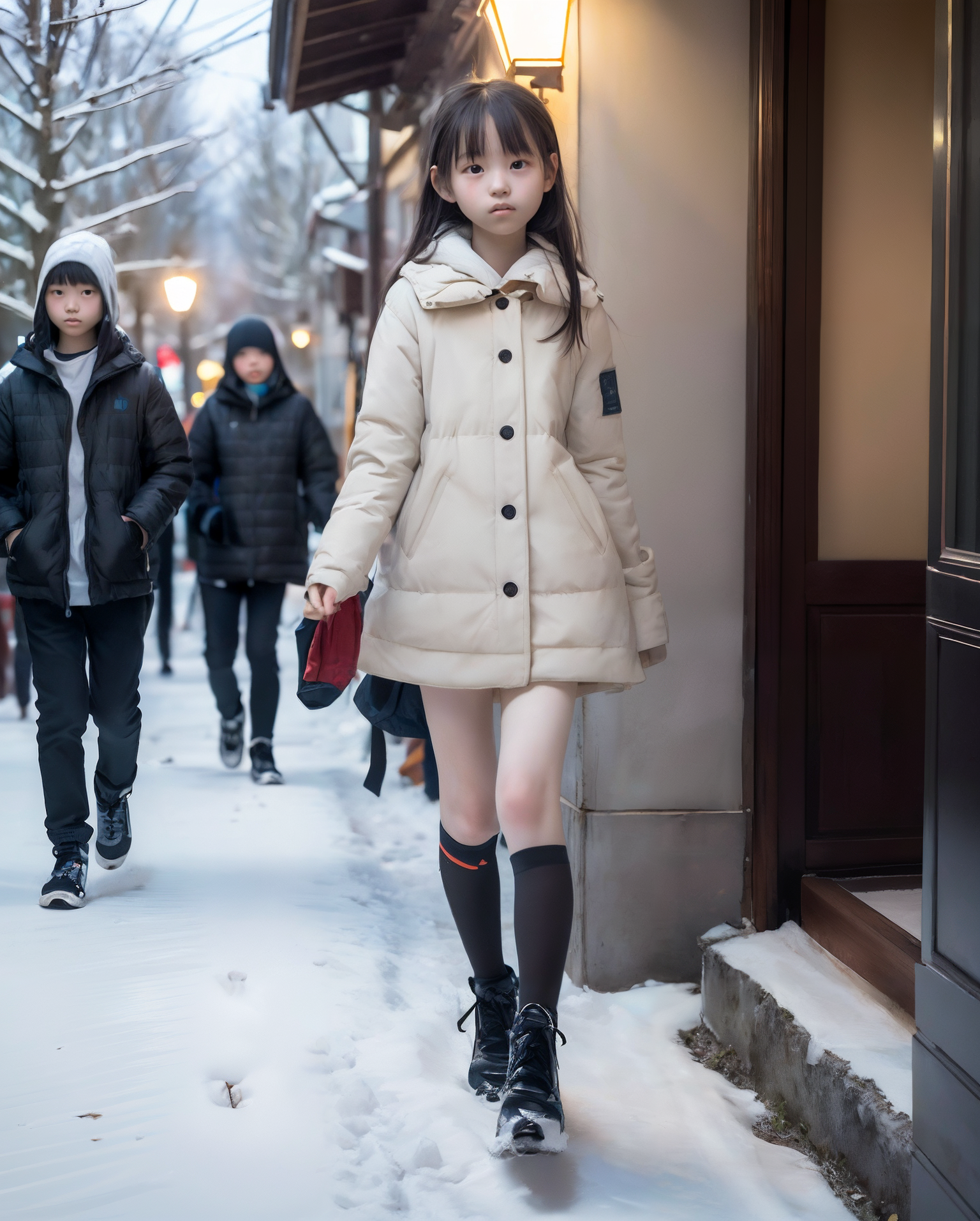 AI美少女小学生の画像。雪が降る街並みを早足で歩く小学生の少女。白いダウンコートを着て、膝丈ソックスとブーツを履いている。